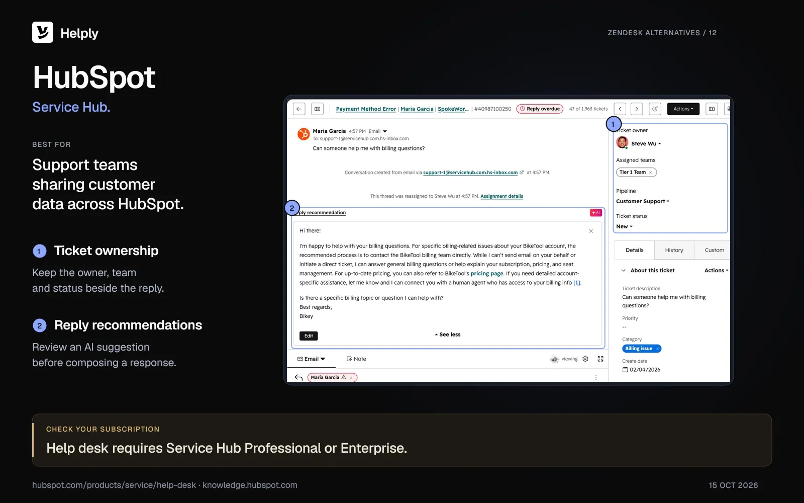 HubSpot Service Hub ticket showing its owner, assigned team, ticket status and an AI reply recommendation beside the conversation.