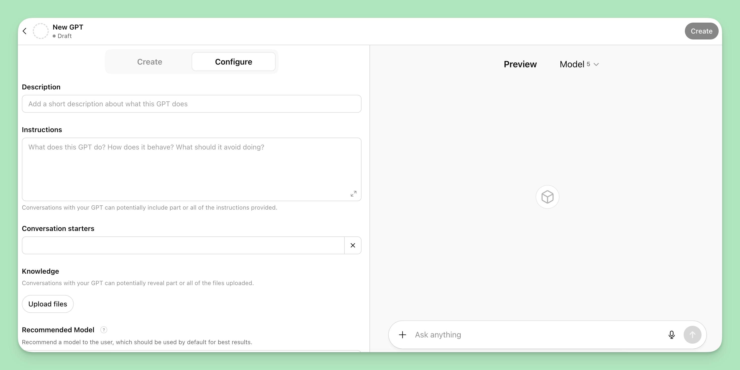 Screenshot of ChatGPT builder interface showing how to create a new custom GPT with prompts and configuration options