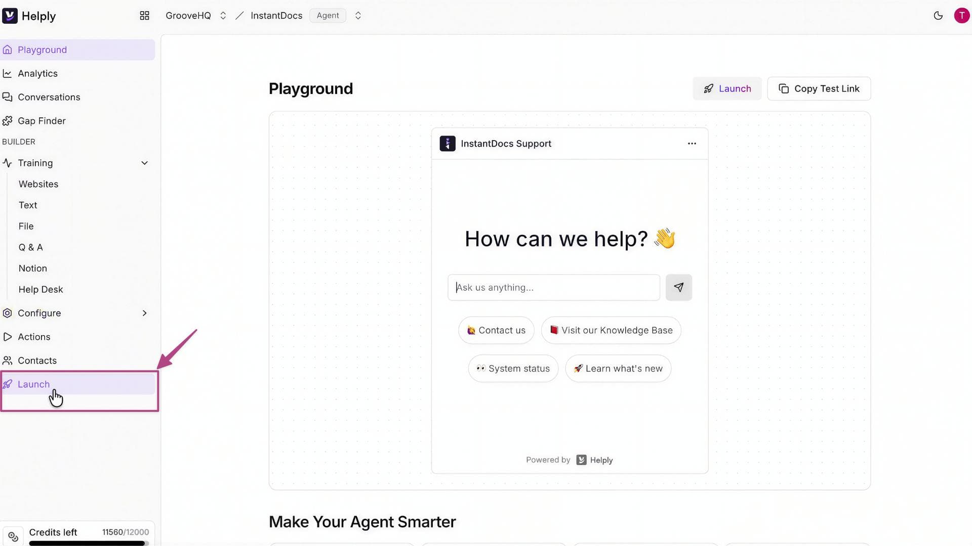 Alt text: "Helply AI agent dashboard showing the Launch tab in the sidebar menu, with a preview of the InstantDocs Support chat widget displaying 'How can we help?' greeting message and quick action buttons for Contact us, Visit our Knowledge Base, System status, and Learn what's new.