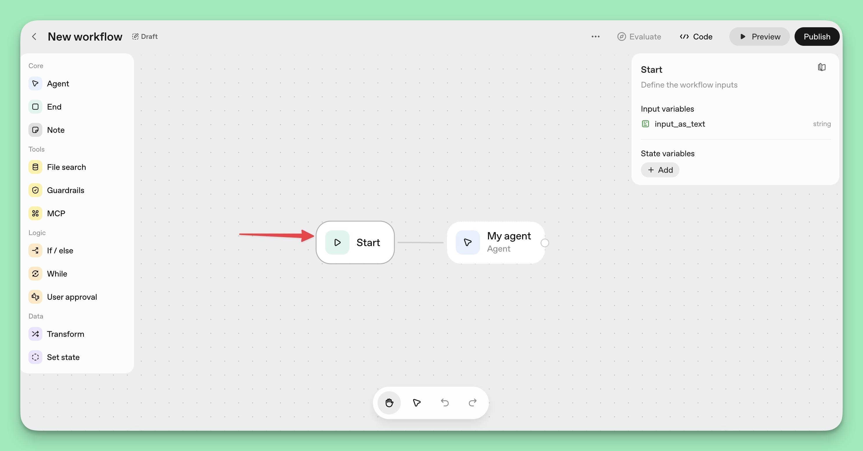 A screenshot of the Agent Builder canvas with a red arrow pointing to the "Start" node. The configuration panel on the right shows options for defining "Input variables" and "State variables" for the workflow.