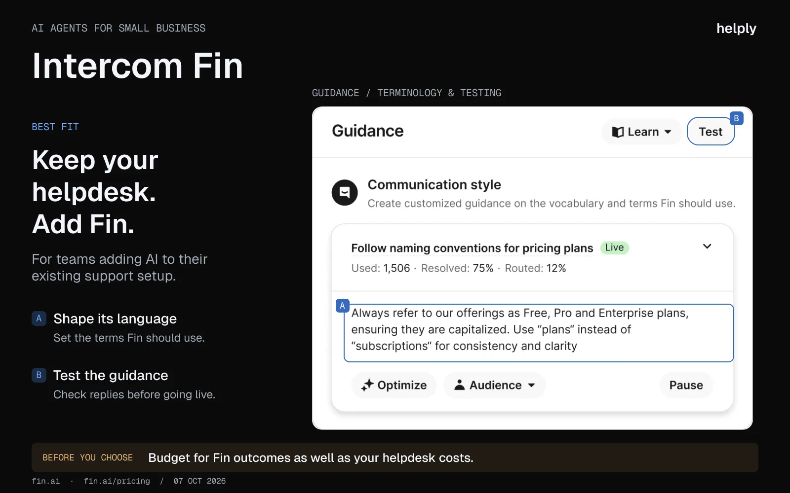 Intercom Fin Guidance screen highlighting a terminology rule and the Test control for checking AI replies.