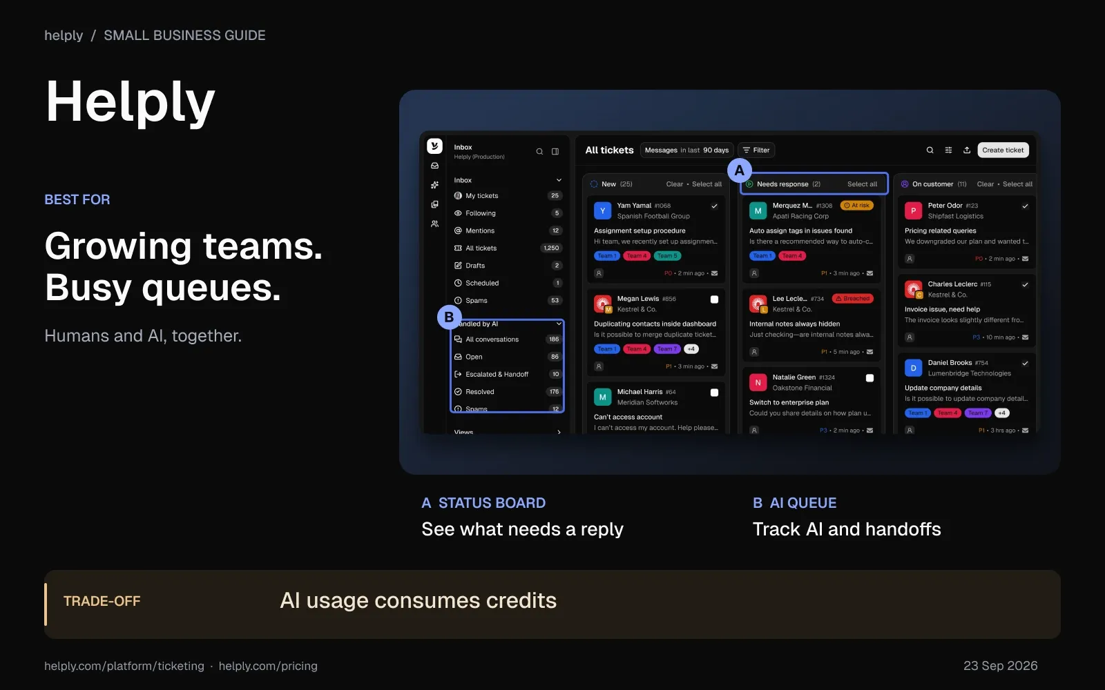 Helply ticketing overview for growing teams, highlighting ticket statuses, the AI queue and credit-based AI usage.