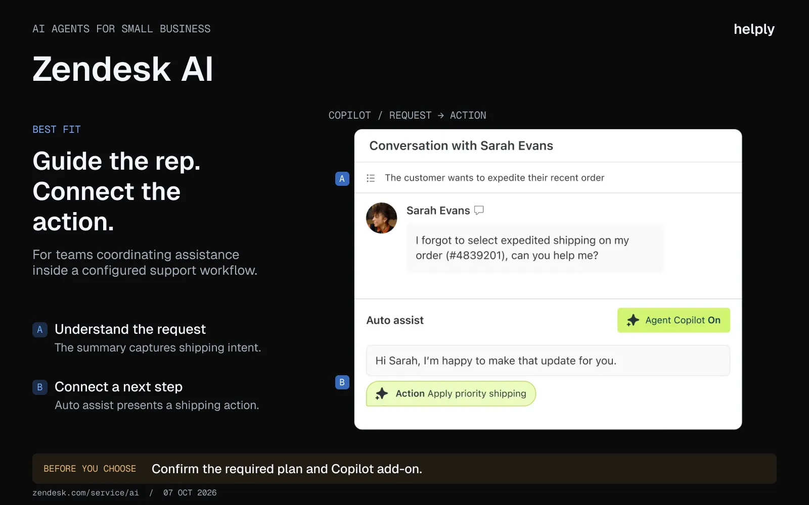 Zendesk AI Copilot summarizing a priority-shipping request and presenting an action to apply priority shipping.