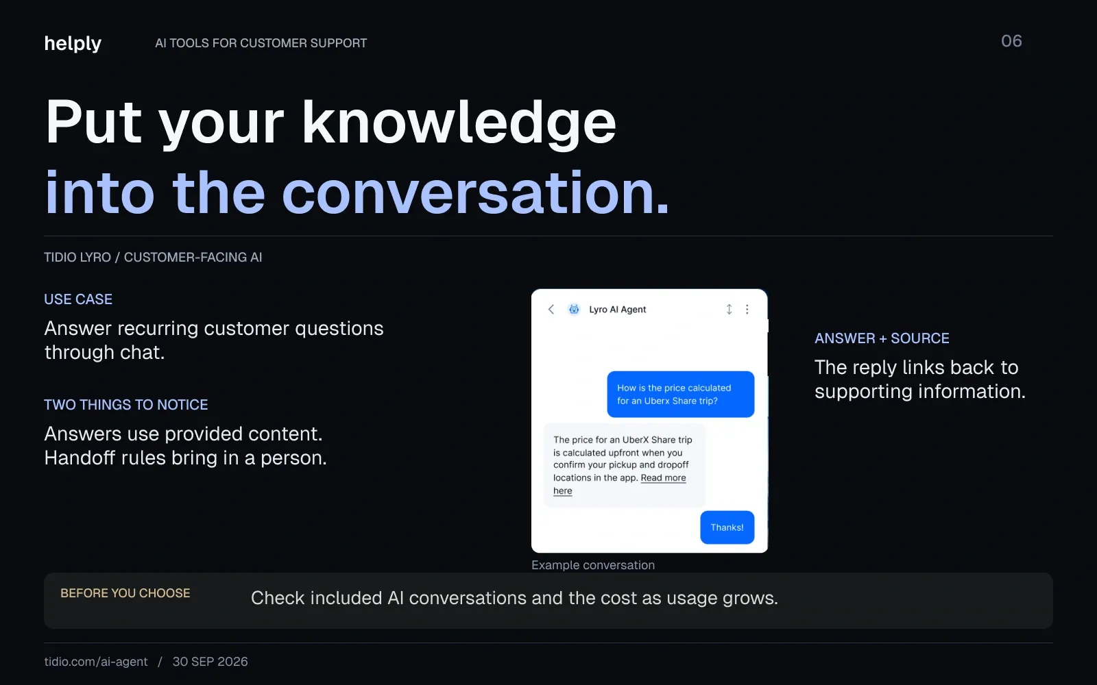 Tidio Lyro example chat answering a pricing question with a source link, alongside notes on content, human handoff, and usage allowances.