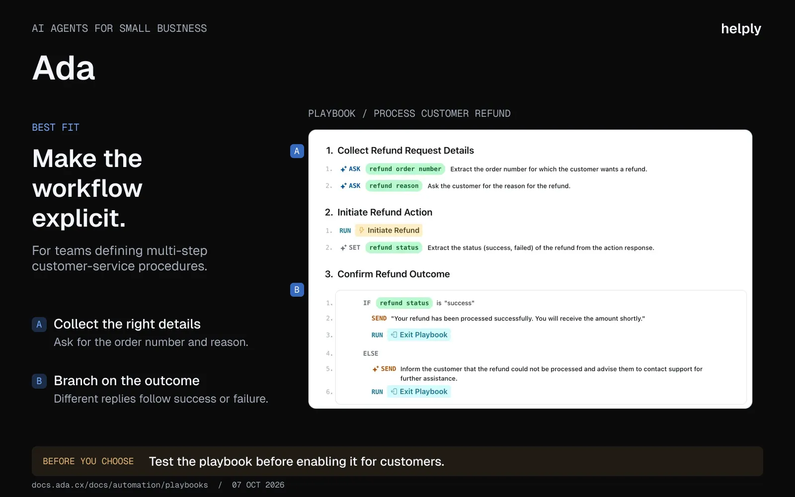 Ada refund playbook collecting an order number and reason, running a refund action, and branching on success or failure.