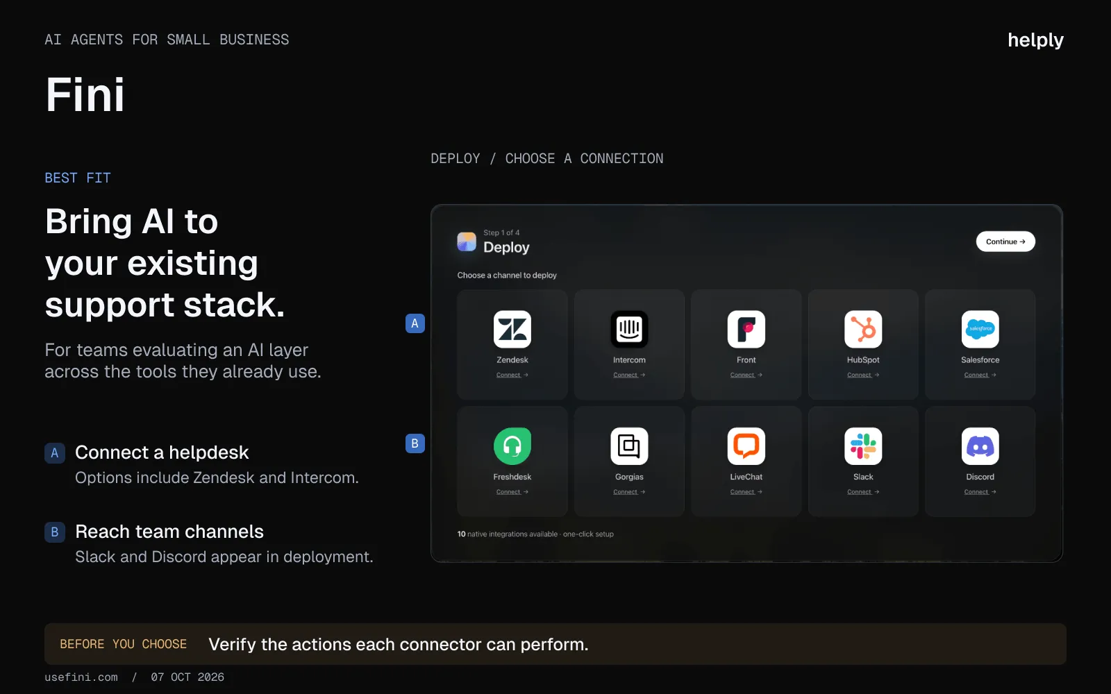 Fini deployment panel with helpdesk and messaging integrations, including Zendesk, Intercom, Freshdesk, Slack and Discord.