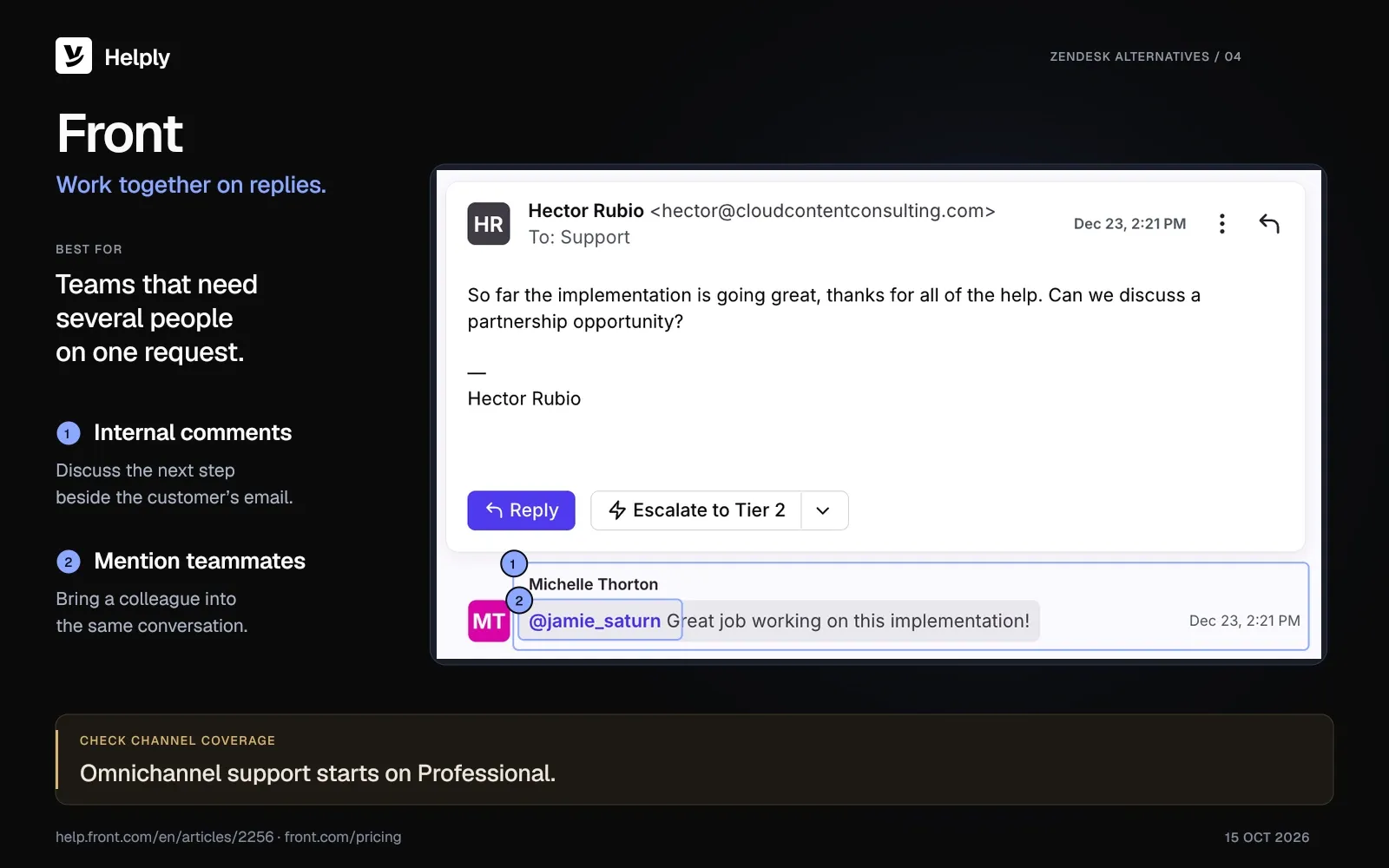 Front email conversation with an internal teammate comment and an @mention beneath the customer’s request.