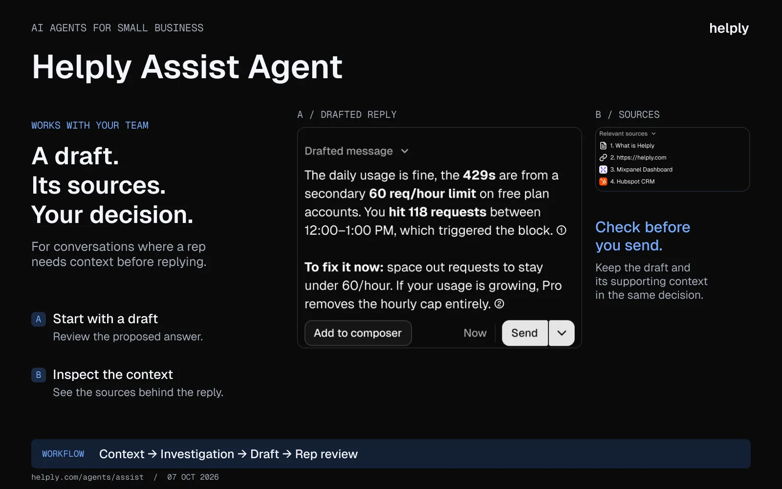 Helply Assist Agent showing a drafted response, supporting sources and controls for a rep to add or send the reply.