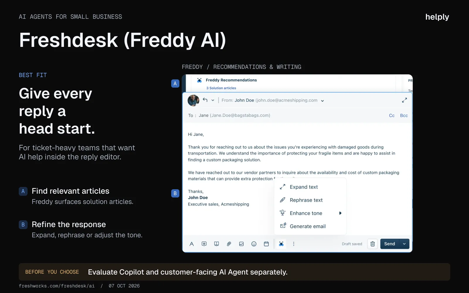 Freshdesk Freddy AI showing recommended articles and reply controls for expanding, rephrasing, changing tone and generating email.