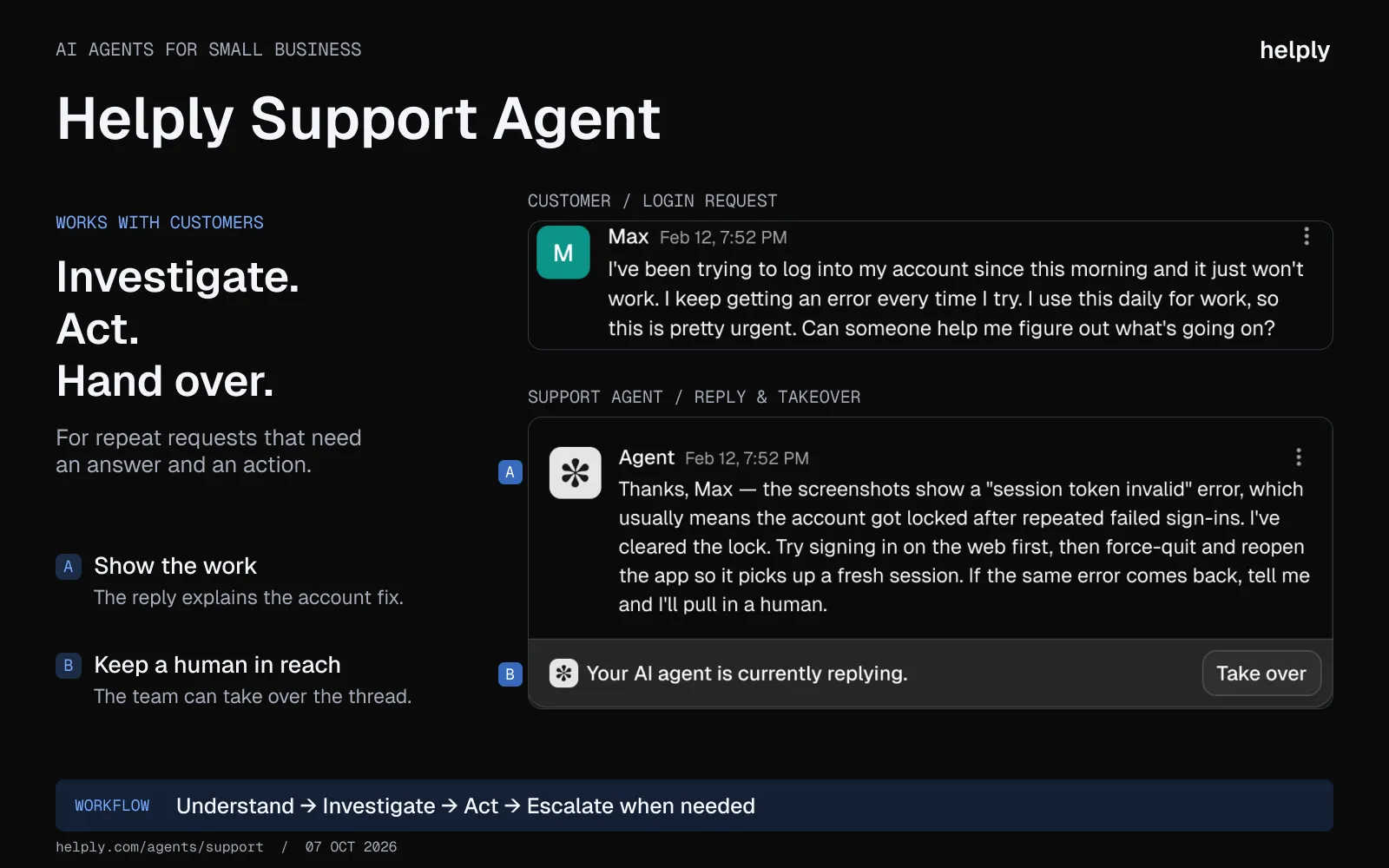 Helply Support Agent demo showing a login request, an account-lock fix and the human Take over control.