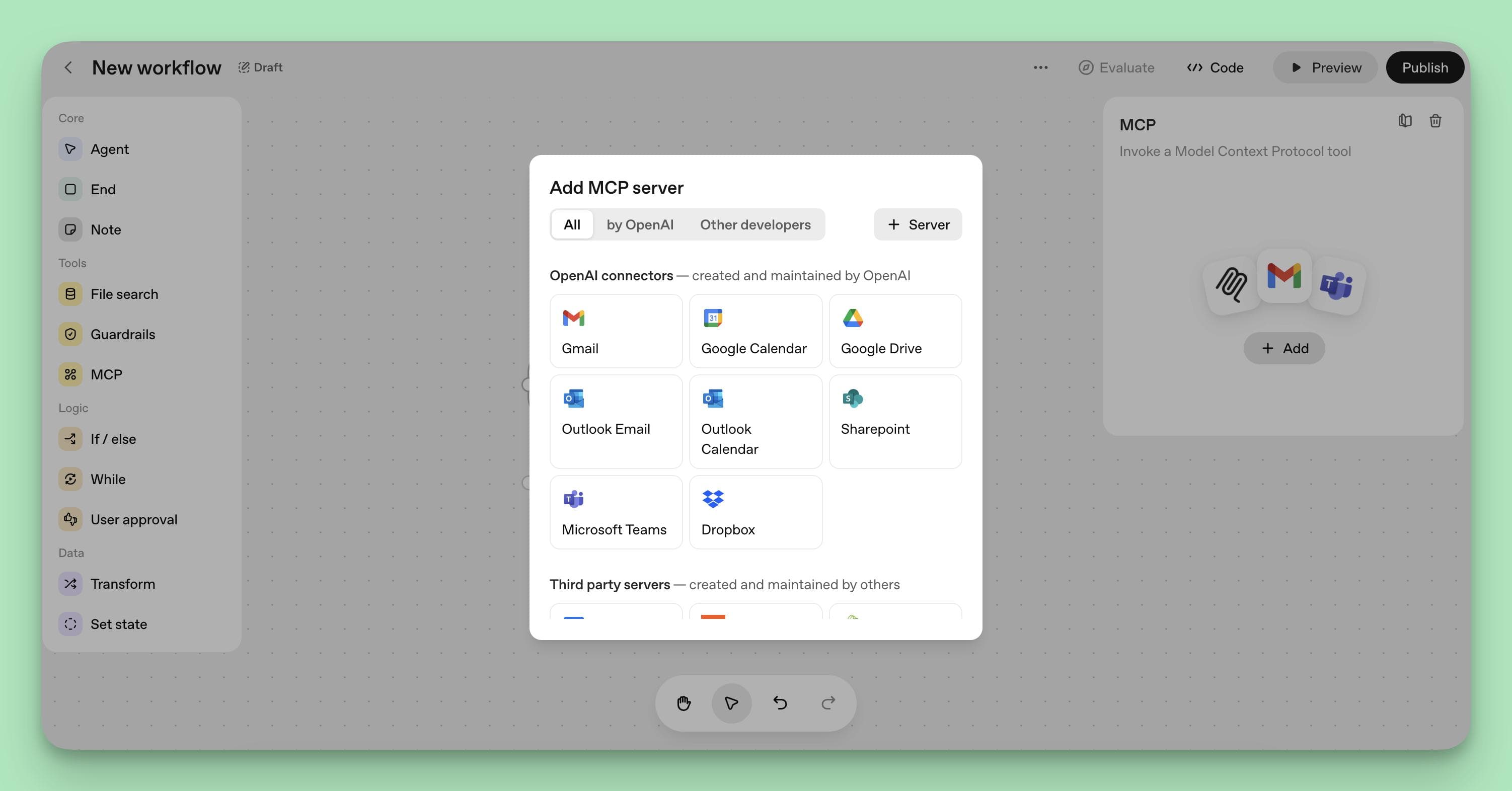 A screenshot of the "Add MCP server" modal in the ChatGPT Agent Builder. It displays a list of available OpenAI connectors for integrating external tools like Gmail, Google Calendar, Google Drive, Outlook, and Dropbox.