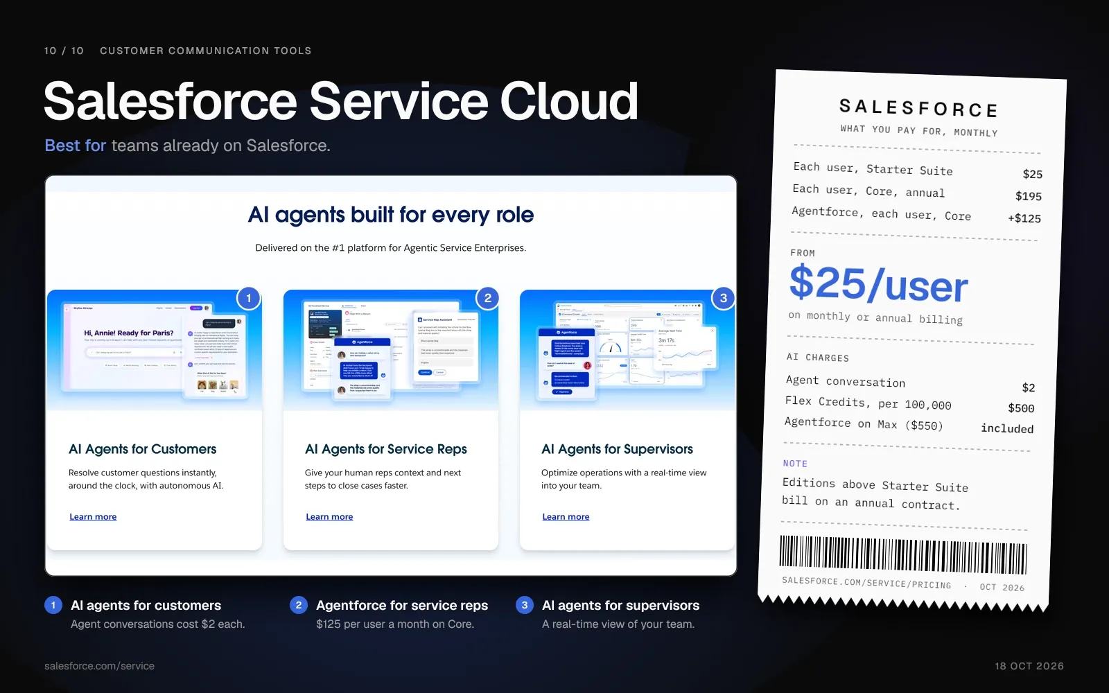 Salesforce Service Cloud panels for AI agents for customers, service reps and supervisors, beside a receipt from $25 per user.