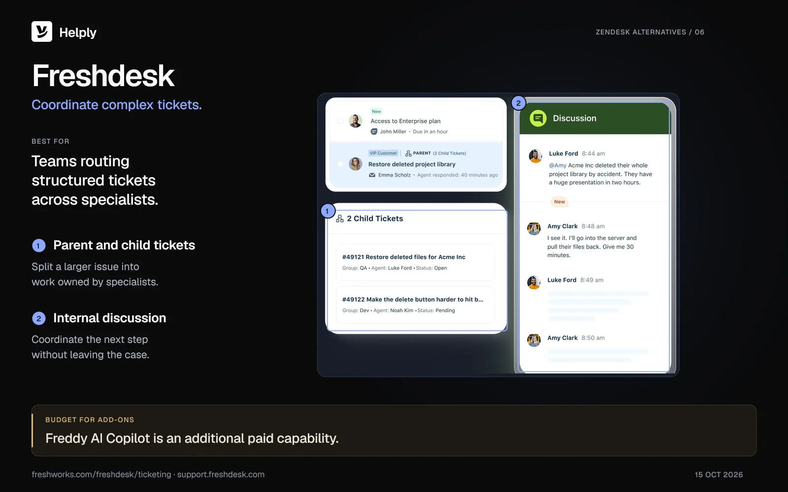 Freshdesk example of a deleted project library request, with two child tickets and an internal discussion between support specialists.
