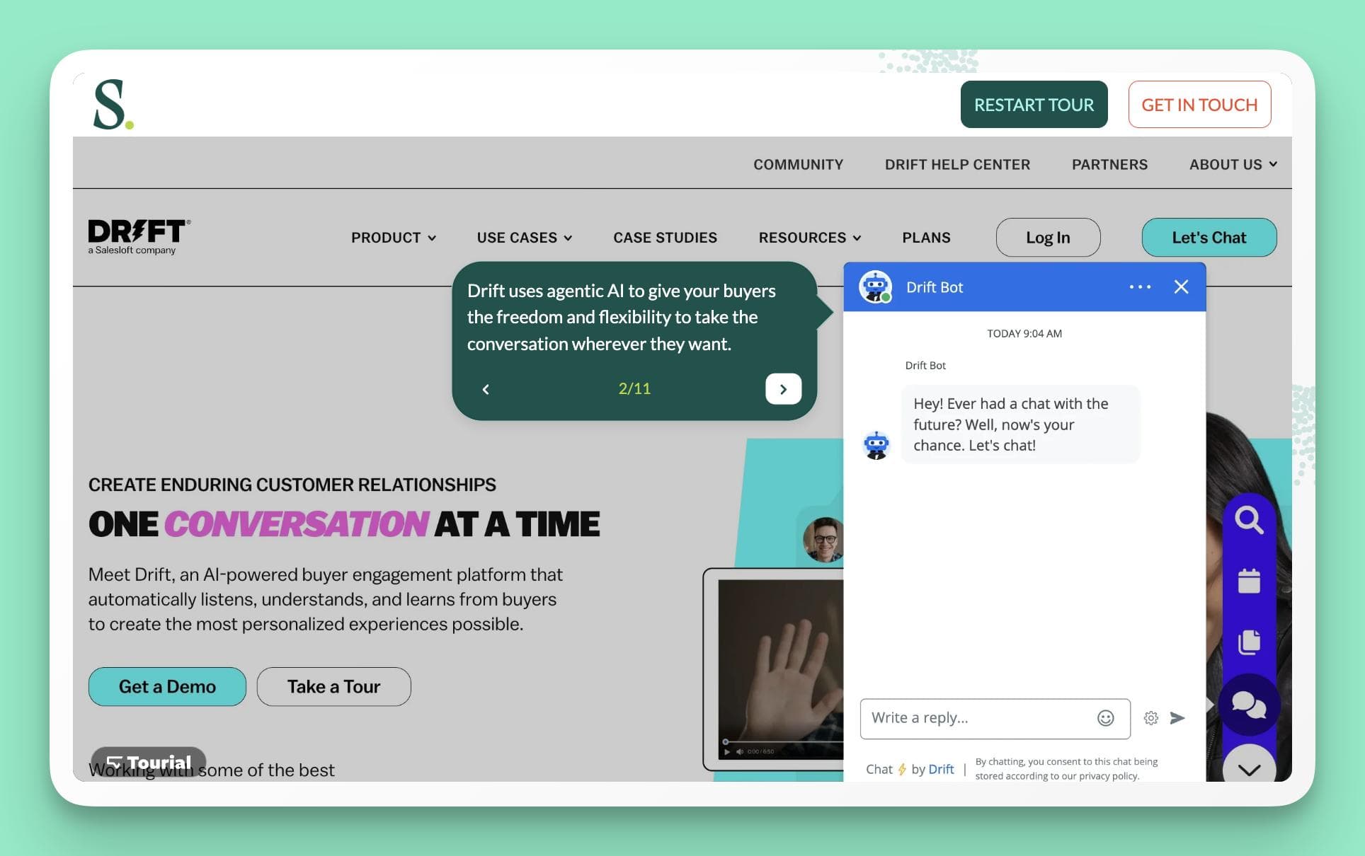A screenshot of the Drift AI sales chatbot, a ManyChat alternative, automatically qualifying a lead and scheduling a meeting on a website.
