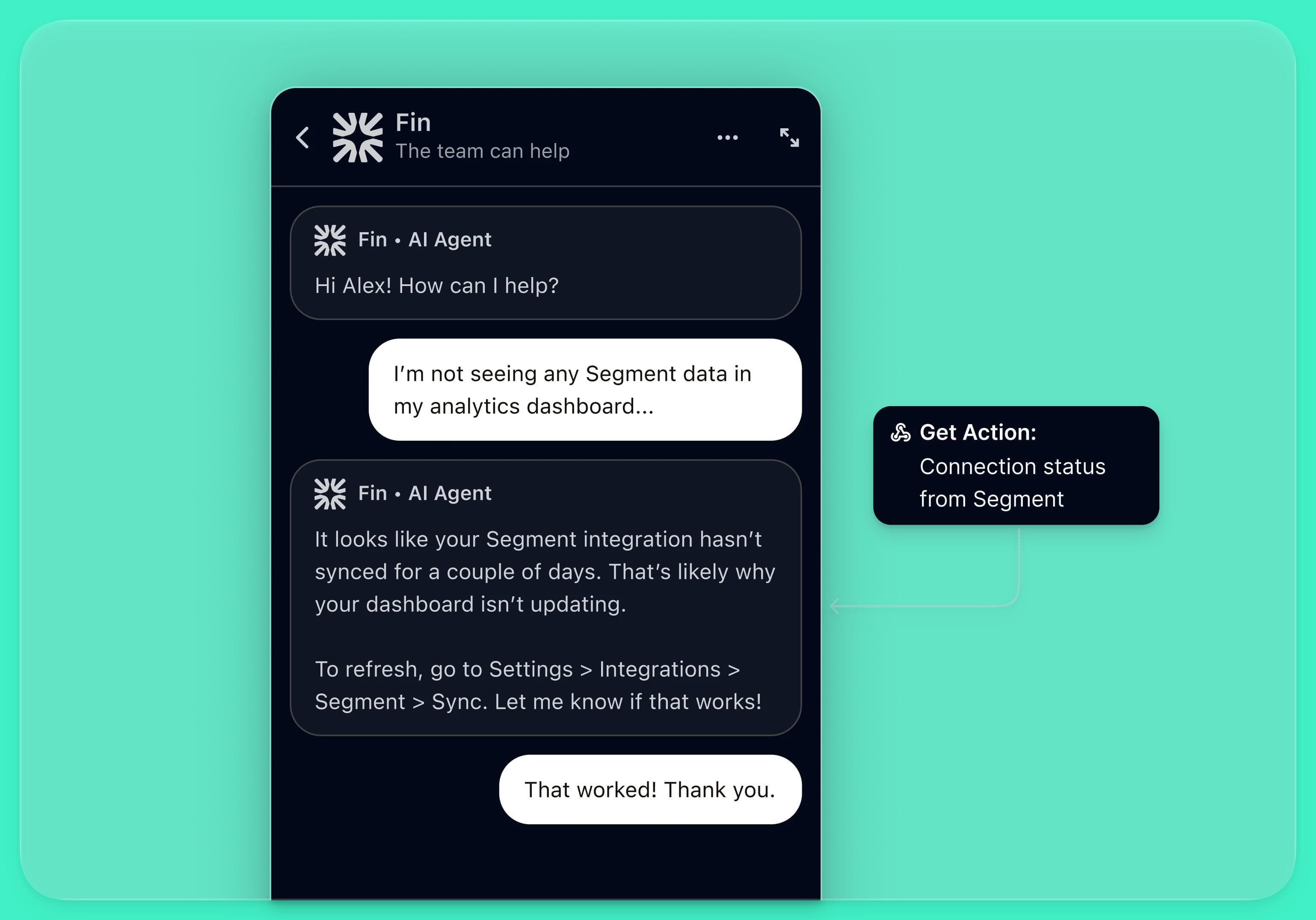 The Intercom platform, a ManyChat alternative, featuring its AI agent 'Fin' engaging in a live chat for lead qualification.