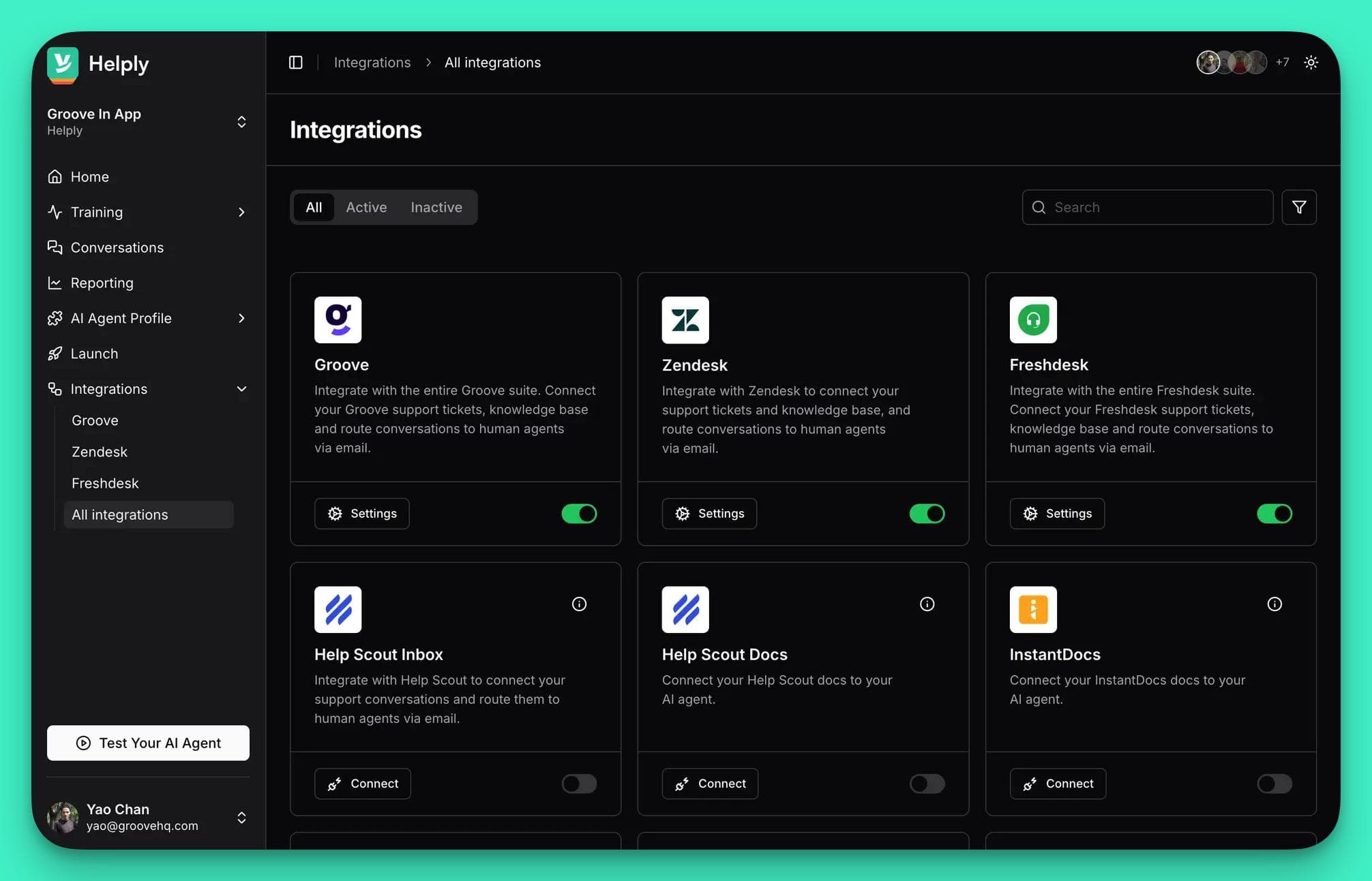 Screenshot of Helply’s Integrations dashboard showing connected apps like Groove, Zendesk, Freshdesk, and InstantDocs — an essential step in How to Train ChatGPT on Your Own Data to sync tickets, docs, and knowledge bases automatically.
