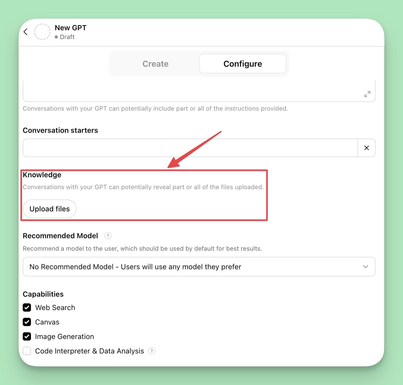 Screenshot of the Custom GPT configuration screen in ChatGPT showing the Knowledge section with an arrow pointing to the “Upload files” button — a key step in How to Train ChatGPT on Your Own Data by adding custom documents for reference.