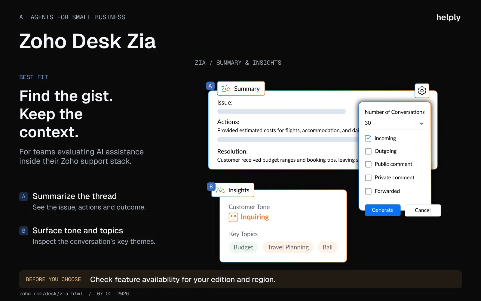 Zoho Desk Zia product visual showing a conversation summary, customer tone, key topics and summary settings.