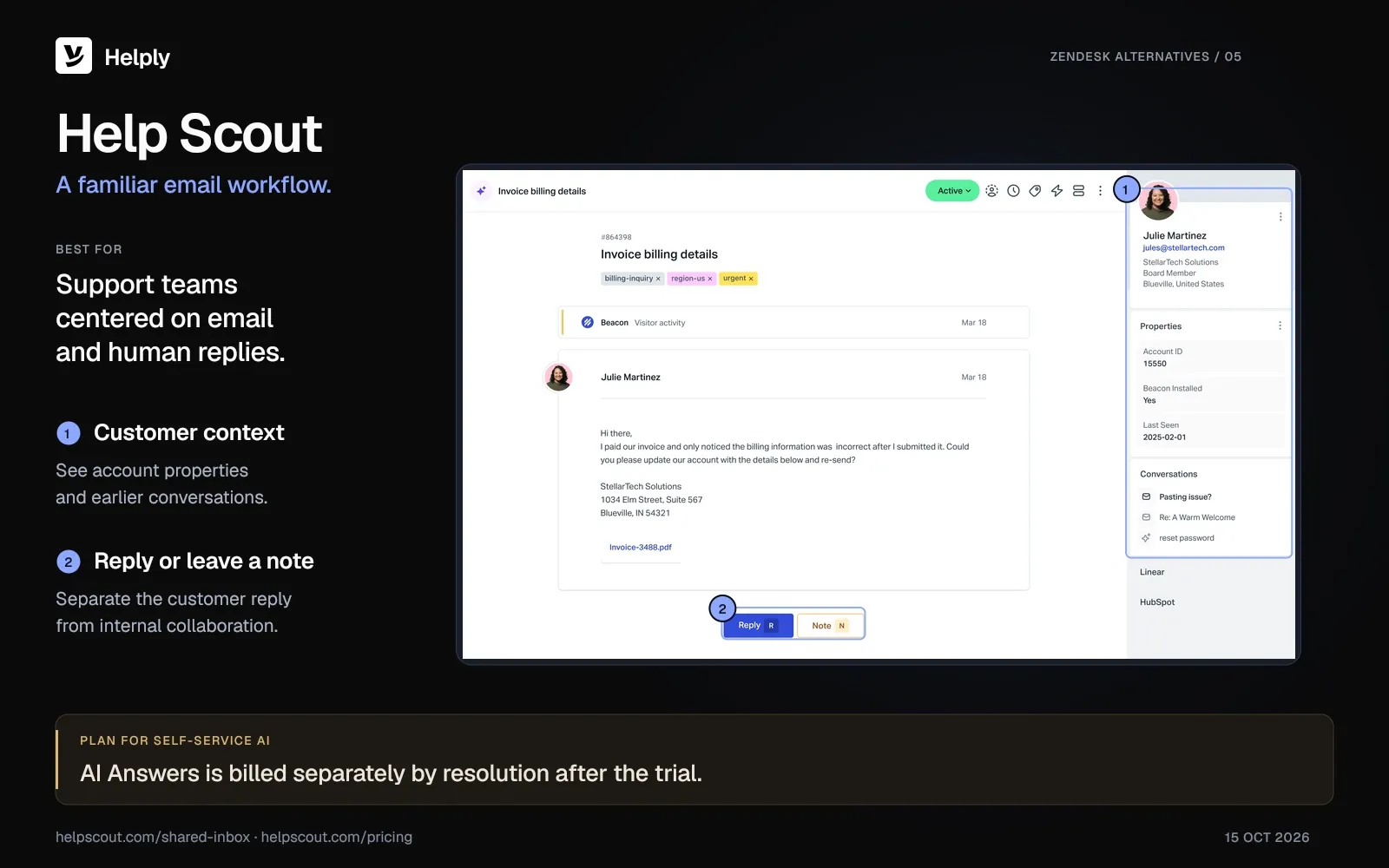 Help Scout billing conversation showing customer properties, earlier conversations and separate Reply and Note controls.